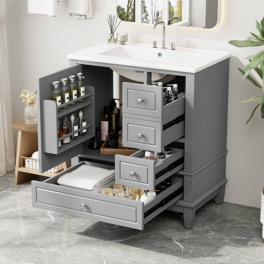 Tatayosi 30inch Grey Bathroom Vanity with Sink 1 Door with Shelf 3 Drawers Soft Close Door