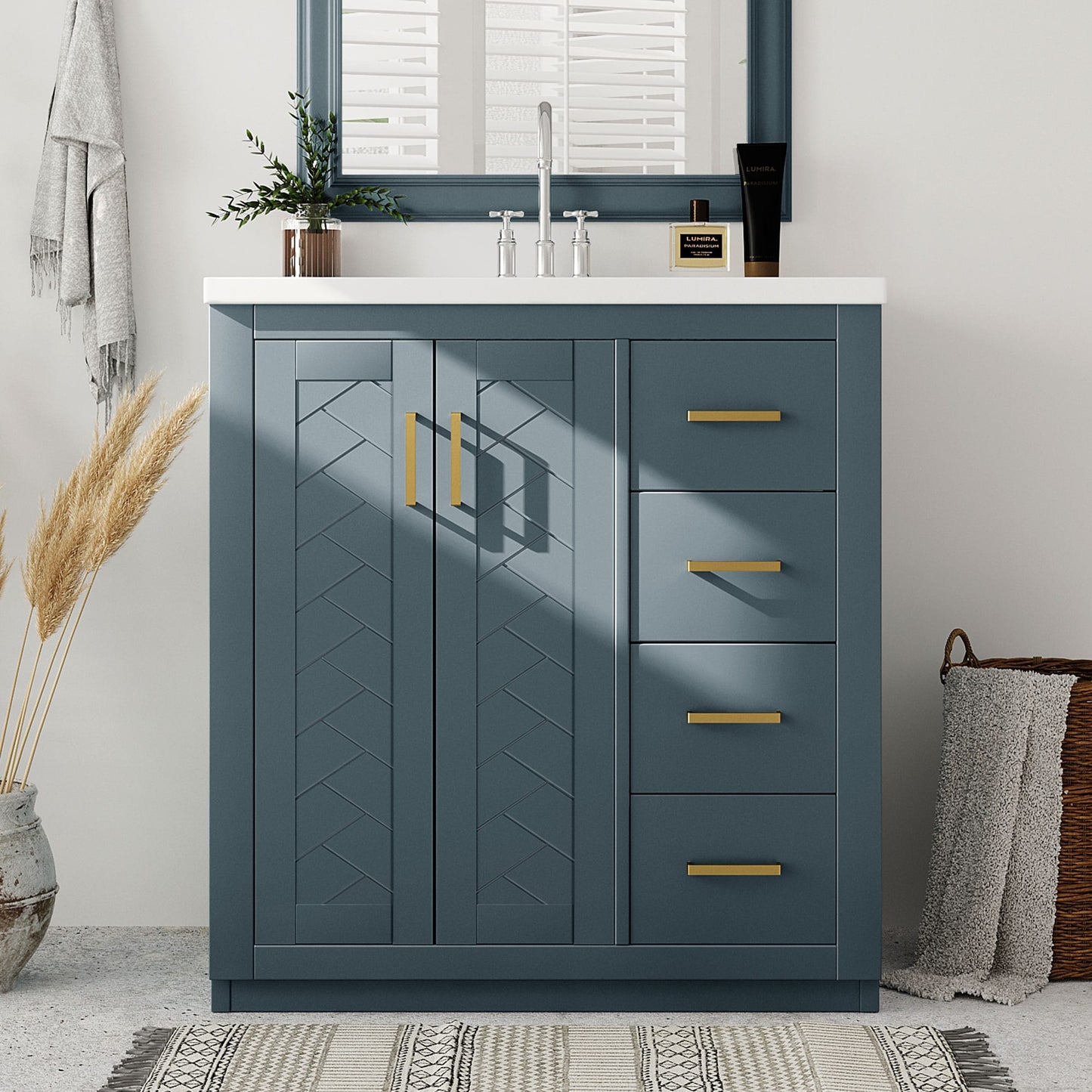 Tatayosi 30inch Freestanding Bathroom Vanity with Ceramic Sink Combo Solid Wood Frame Storage Cabinet 3 Drawers Soft Closing Doors