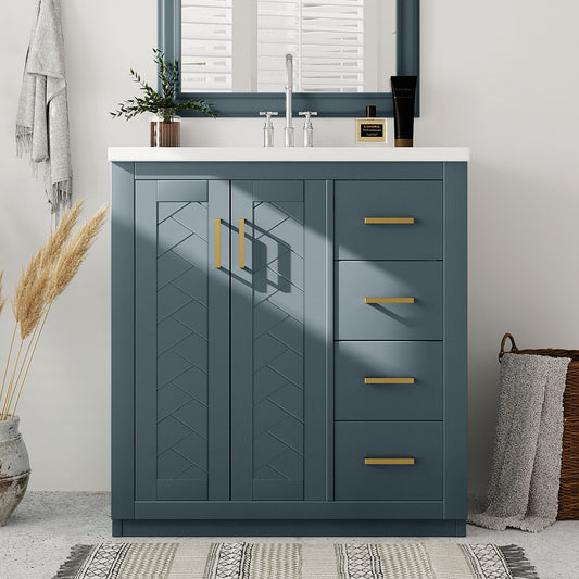 Tatayosi 30inch Freestanding Bathroom Vanity with Ceramic Sink Combo Solid Wood Frame Storage Cabinet 3 Drawers Soft Closing Doors