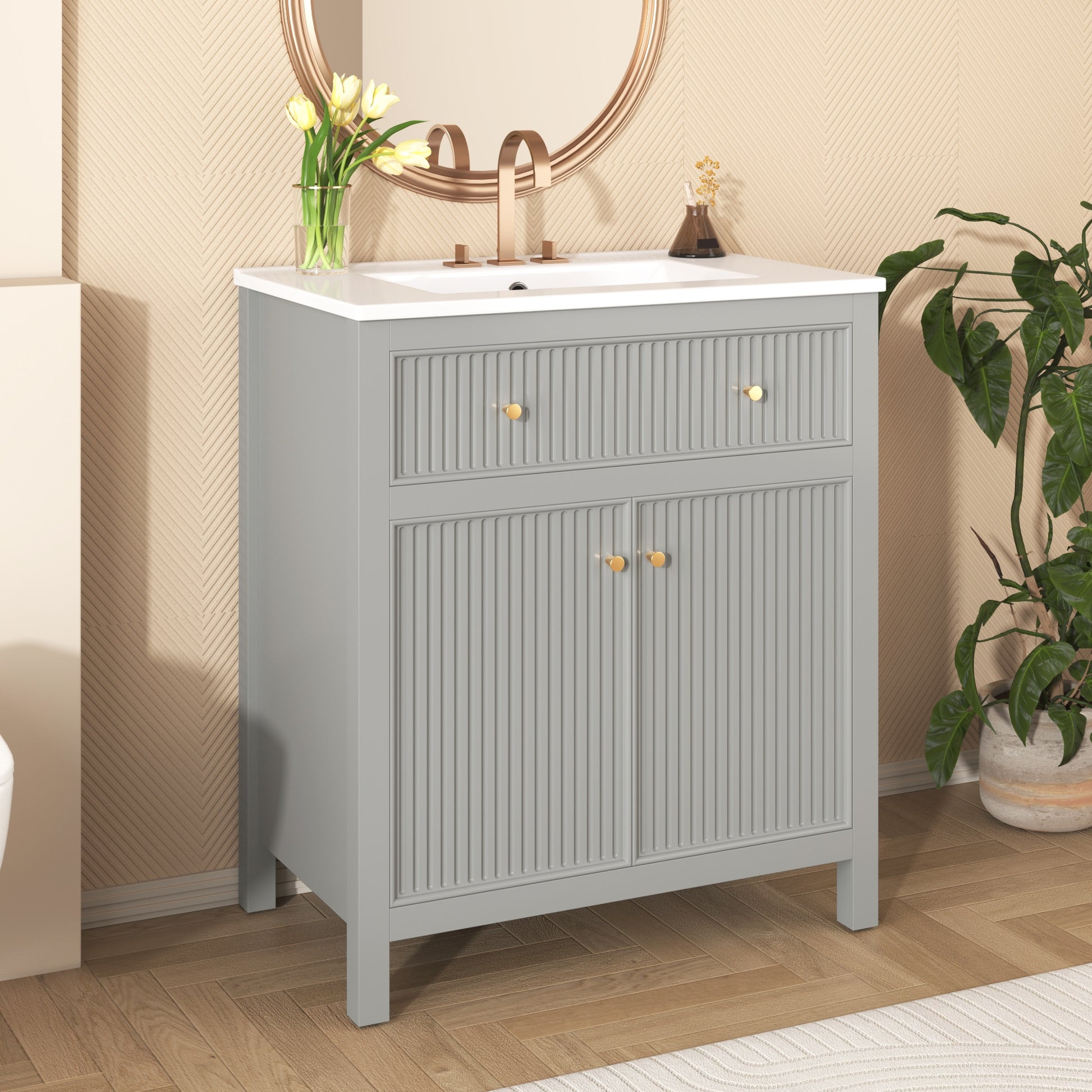 Tatayosi 30inches Bathroom Vanity with Ceramic Sink Free Standing Single Vanity Set with Soft Closing Doors Modern Style Grey