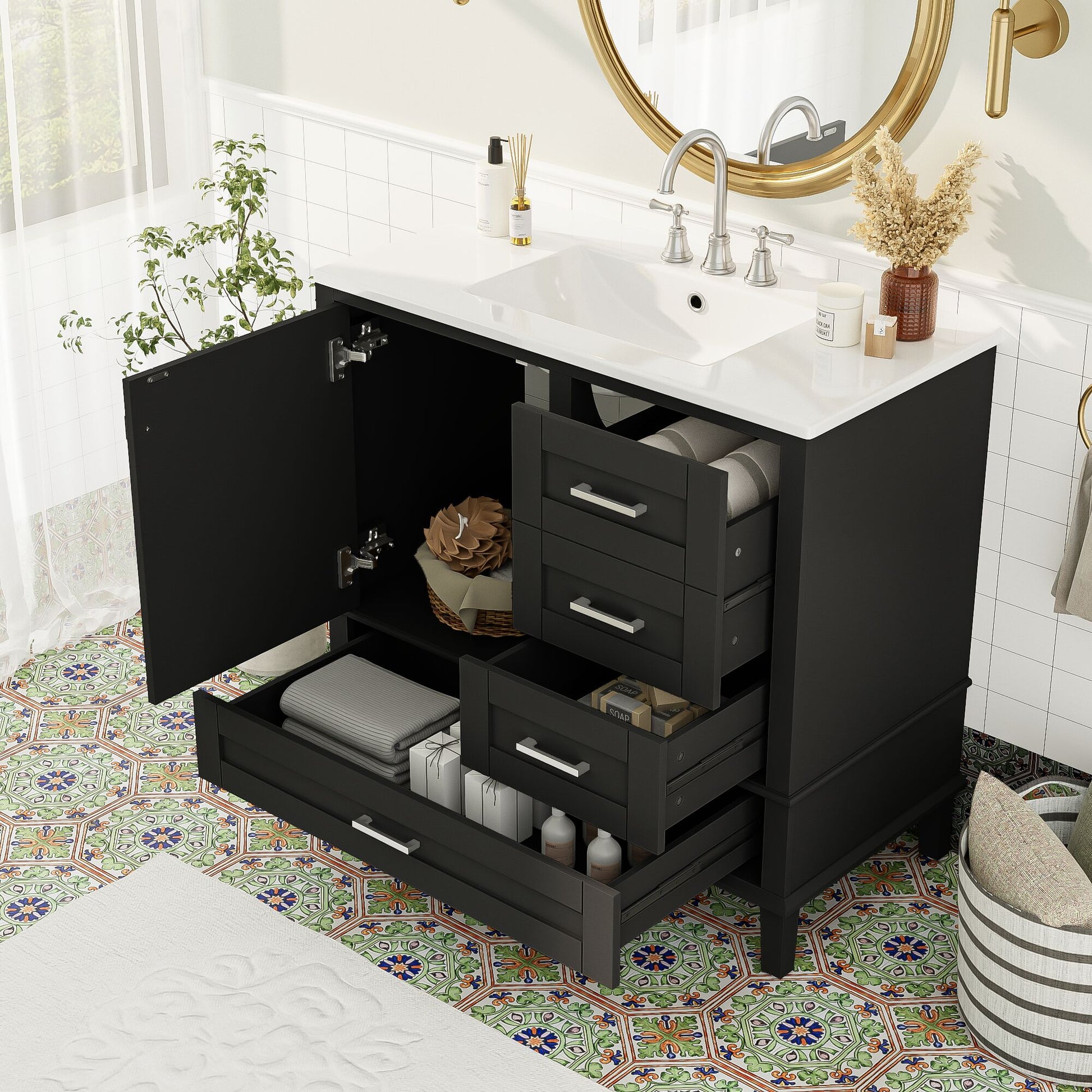 ModernLuxe 36inch Black Bathroom Vanity with Solid Pine Frame 1 Soft Close Door and 3 Drawers  Modern Storage Cabinet