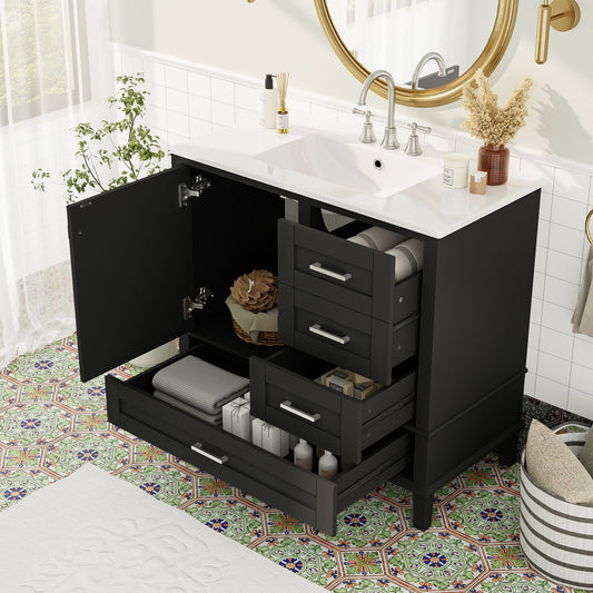 ModernLuxe 36inch Black Bathroom Vanity with Solid Pine Frame 1 Soft Close Door and 3 Drawers  Modern Storage Cabinet