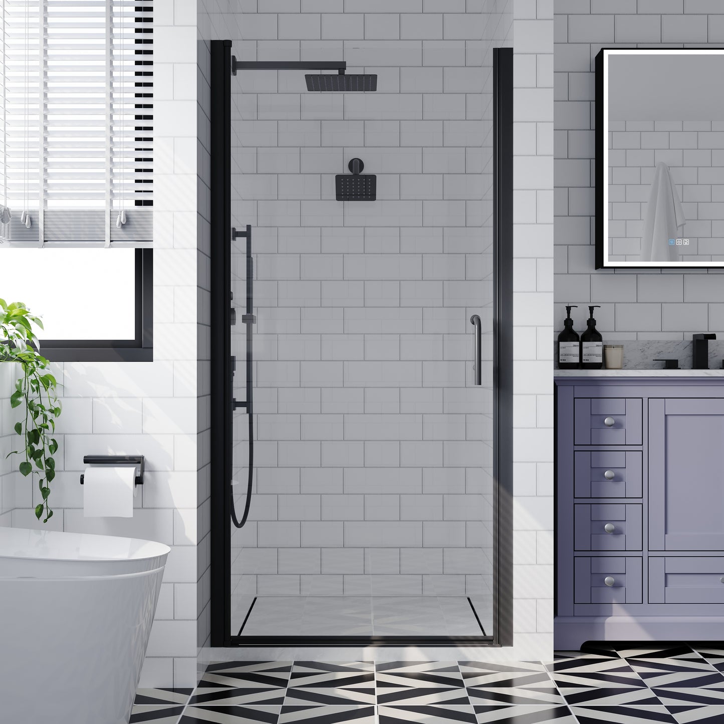 WELLFOR EX Small Pivot Shower Door Black 35-1/2-in to 36-in W x 72-in H Semi-frameless Clear Glass Pivot Shower door