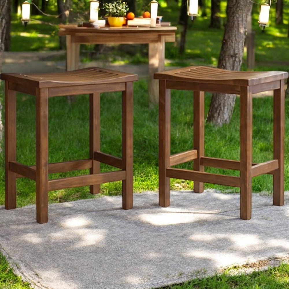 Homy Casa OAWC Outdoor Acacia Wood Counter Height Barstool Set of 2 Mahogany Brown Finish