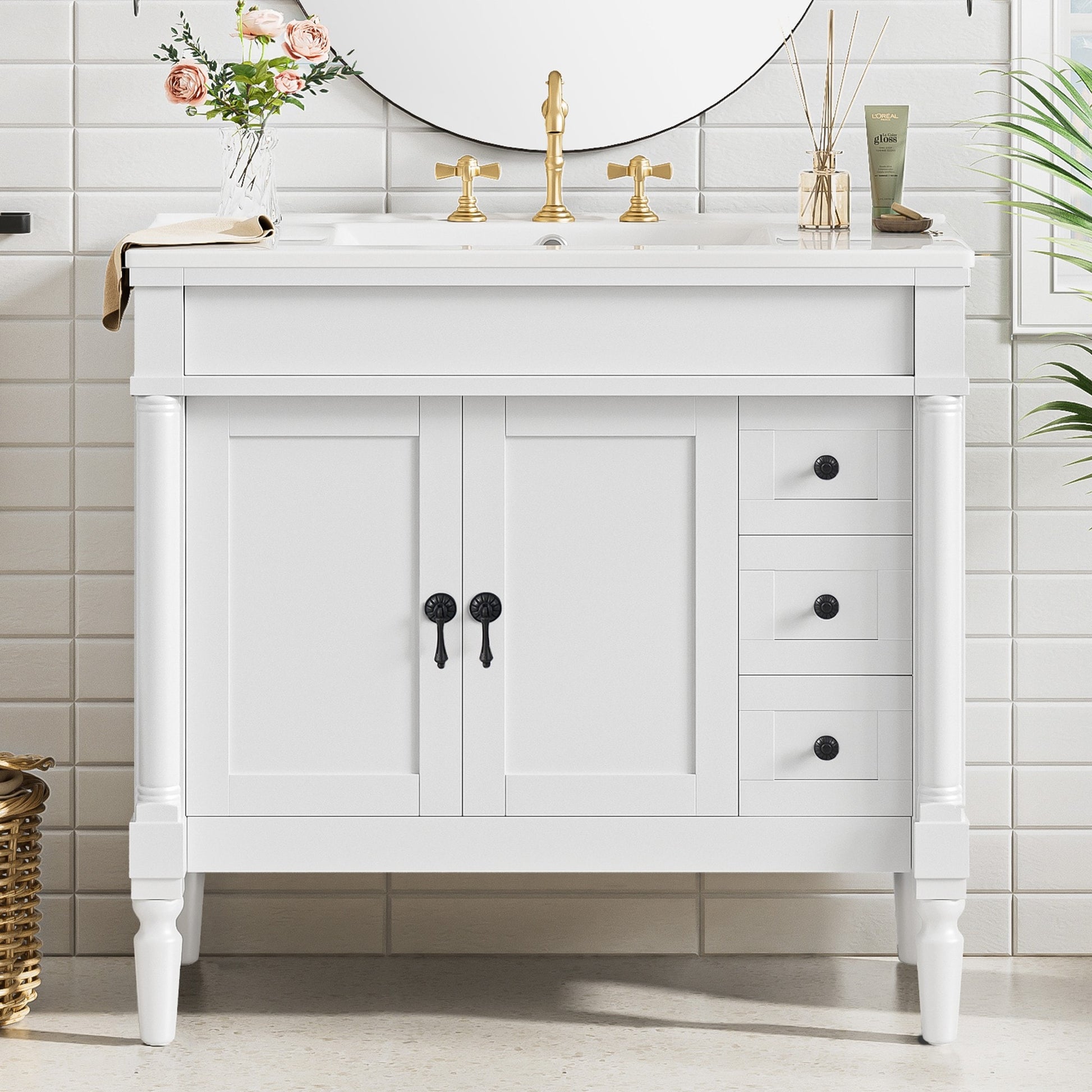Dexmalle  36-in White Freestanding Single Sink Bathroom Vanity with White Ceramic Top and Three Drawer