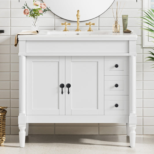 Dexmalle  36-in White Freestanding Single Sink Bathroom Vanity with White Ceramic Top and Three Drawer