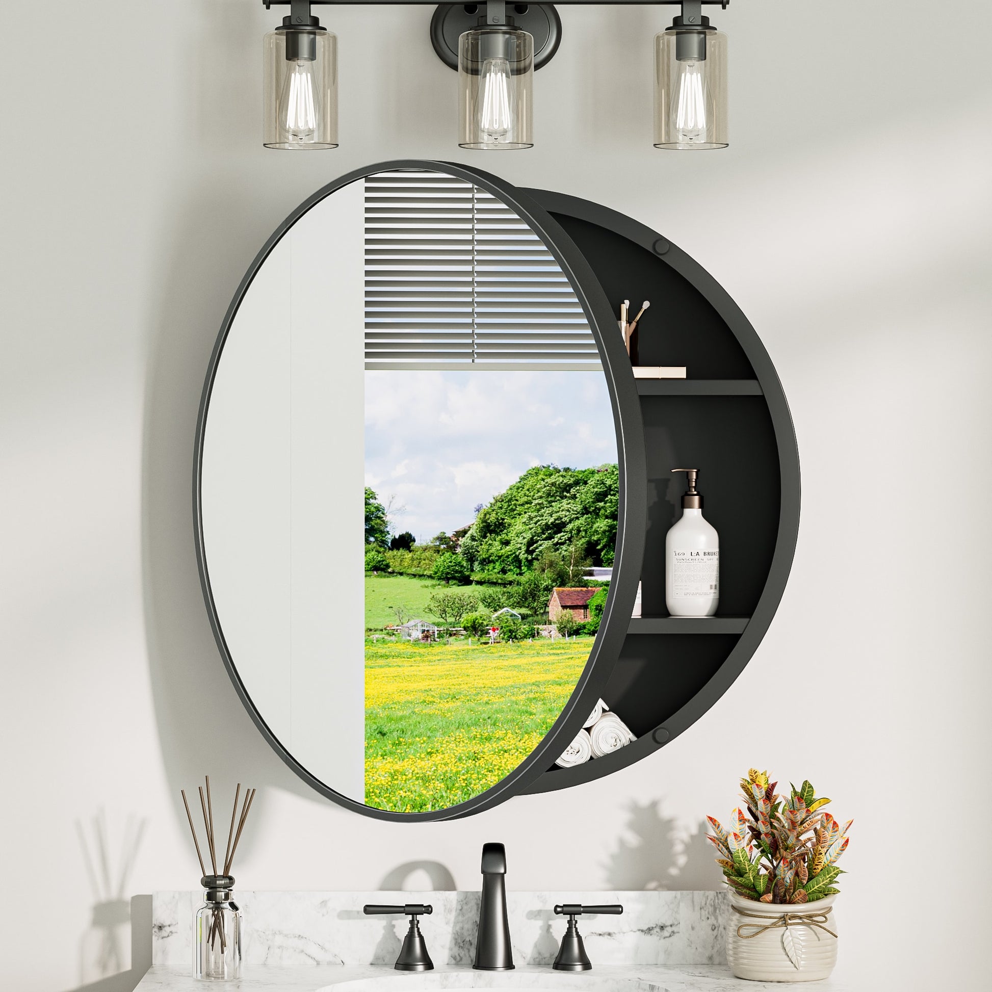 Keonjinn Round Medicine Cabinet Mirrors 30-in x 30-in Surface Mount Matte Black Mirrored Round Soft Close Medicine Cabinet