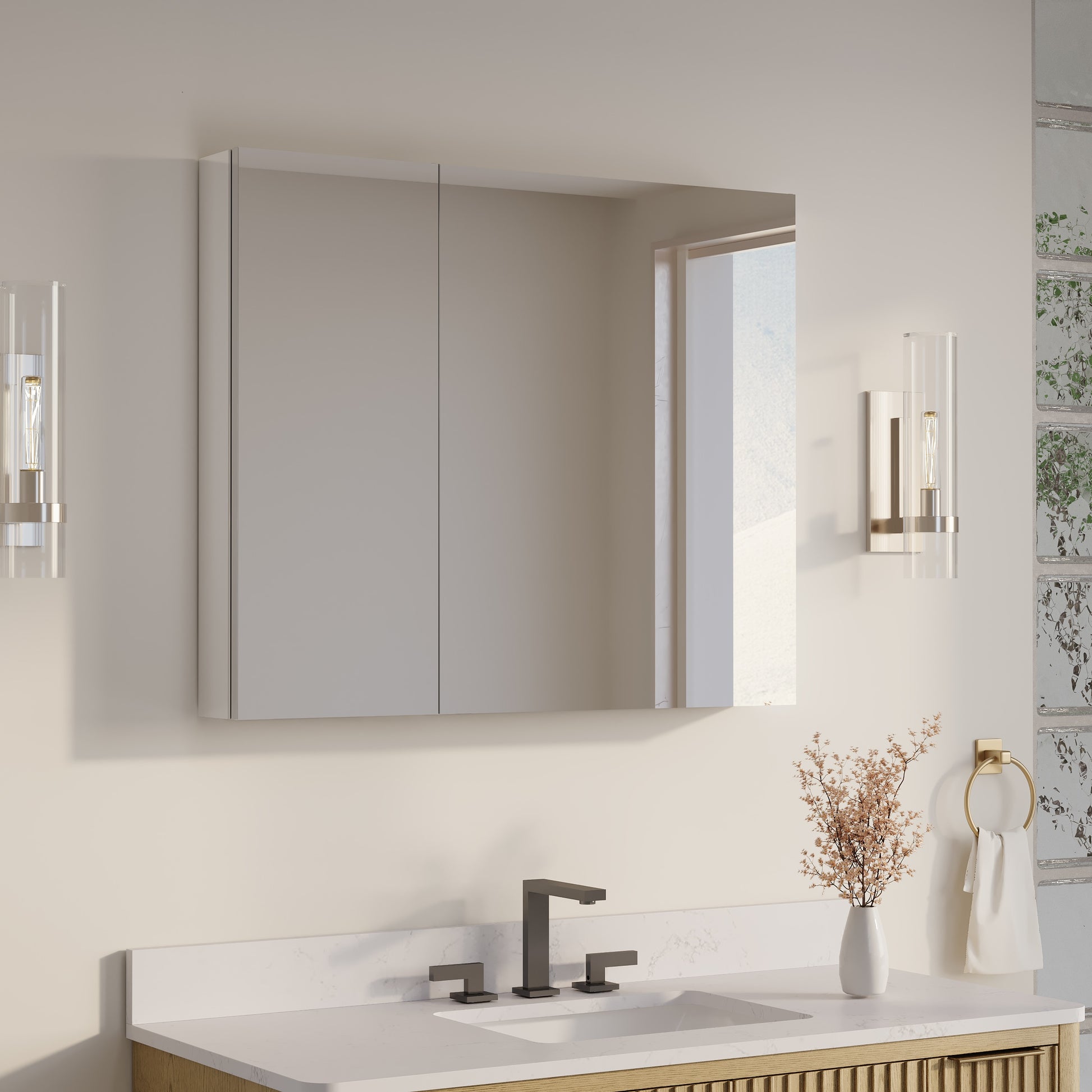 CALVON Assembled Cabinet 36-in x 30-in Surface/Recessed Mount Silver Mirrored Rectangle Soft Close Medicine Cabinet