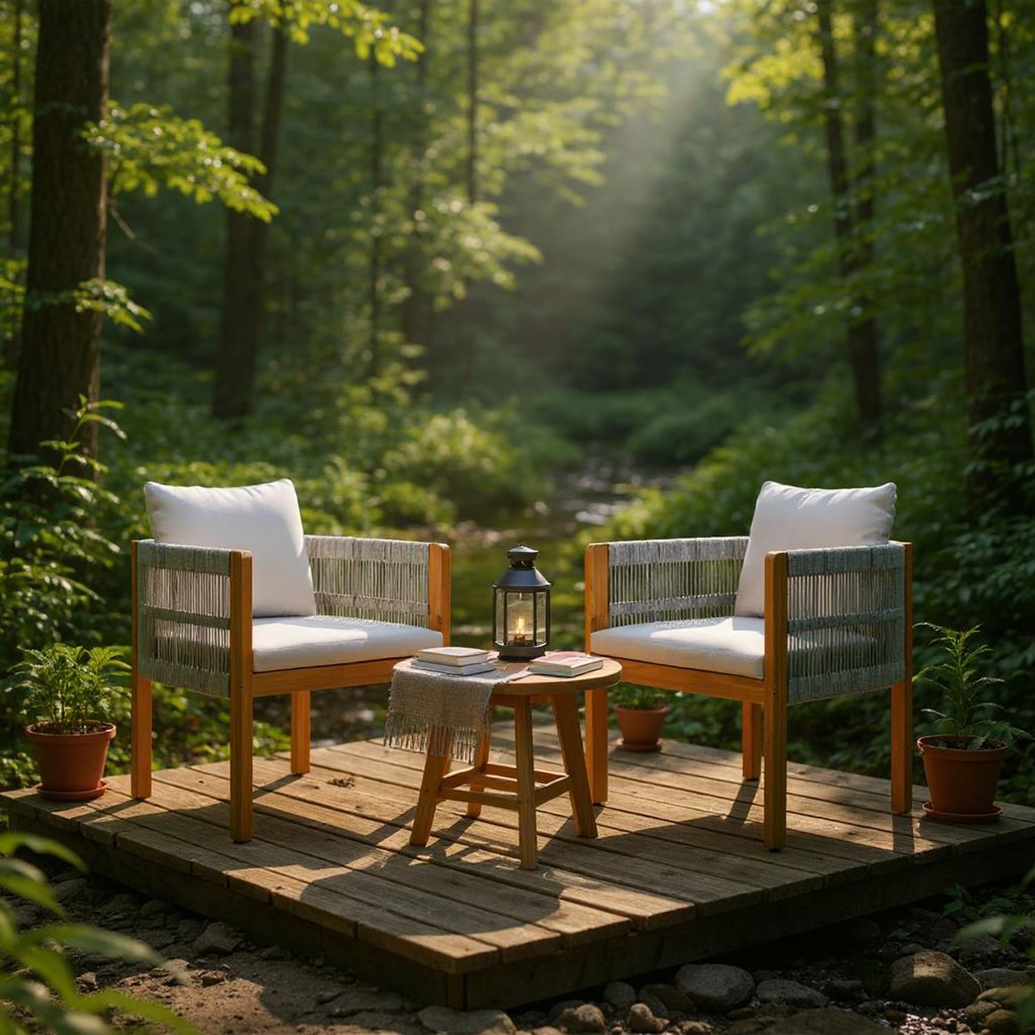 Homy Casa AWODC Garden Outdoor 2-Piece Dining Chair Set Set of 2 Teak Acacia Wood Frame with Cloud Grey Rope and Cushions