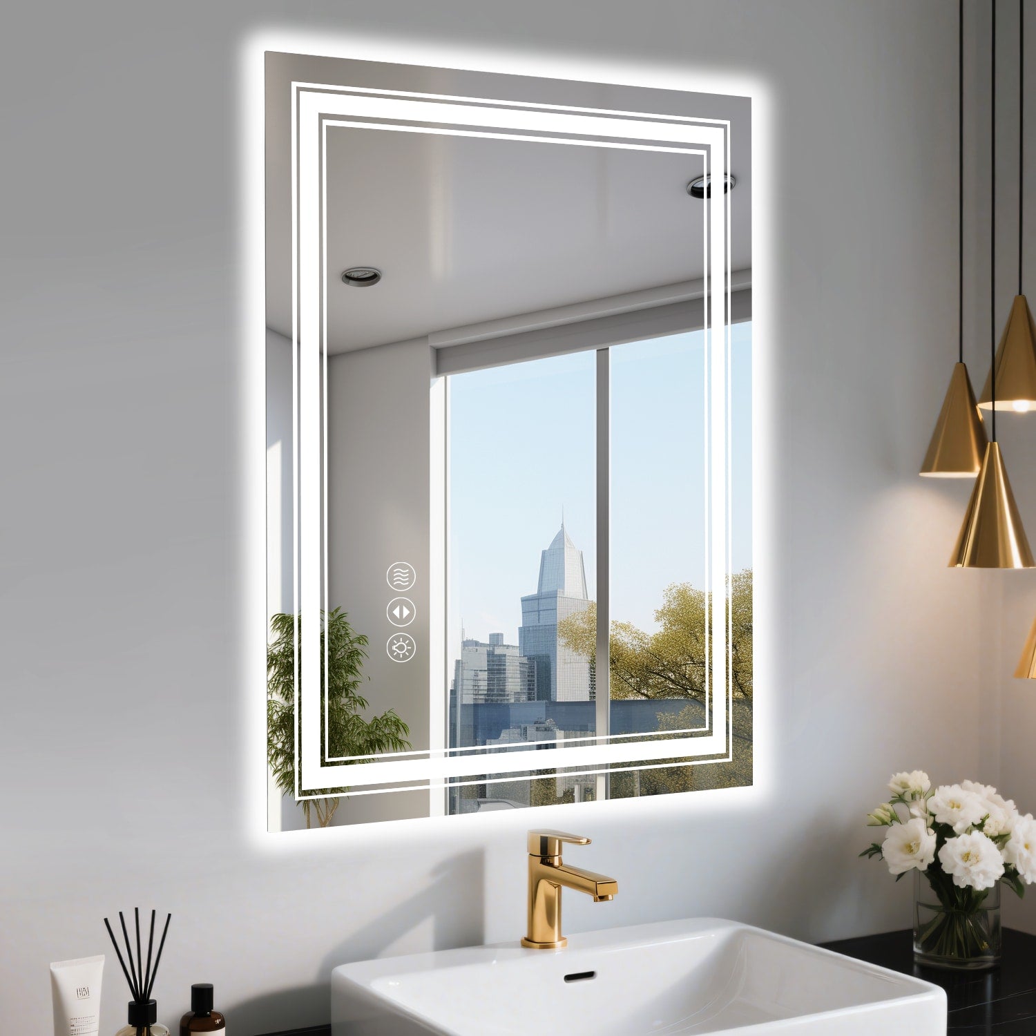 Forclover Backlit+ Front-Lit LED Sources 36-in x 30-in Polished Frameless Rectangle Dimmable LED Lighted Fog Free Bathroom Vanity Mirror ( Silver )