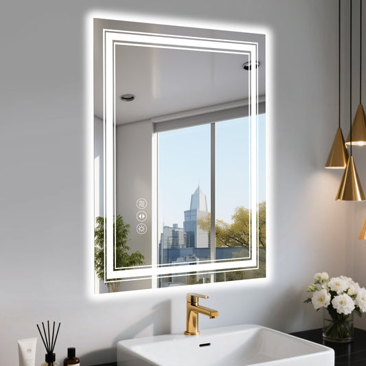 Forclover Backlit+ Front-Lit LED Sources 36-in x 30-in Polished Frameless Rectangle Dimmable LED Lighted Fog Free Bathroom Vanity Mirror ( Silver )