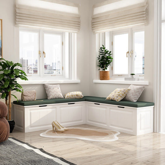 Homsee  Modern L-Shaped Corner Shoe Storage with Hidden Compartments and Cushioned Seat for Entryway or Apartment 63''L x 63''W x 18.3''H White