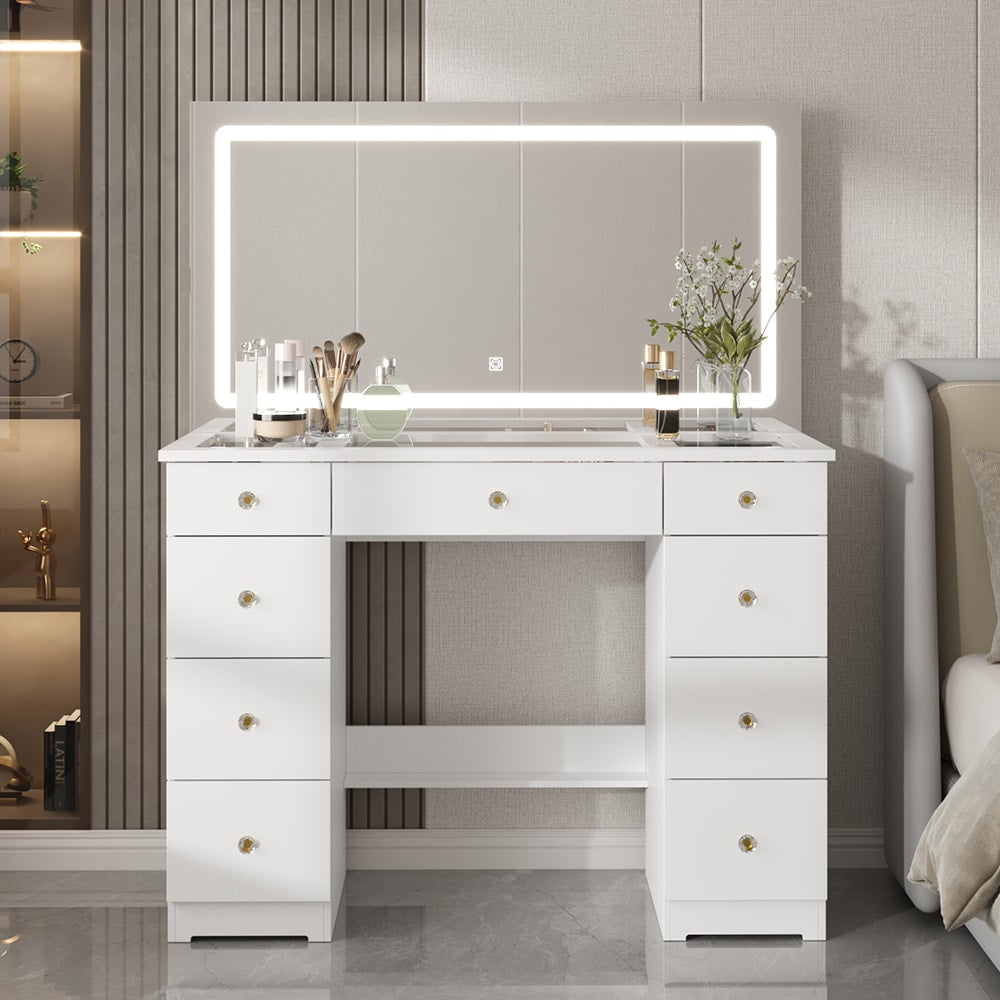 Homsee  Modern Makeup Vanity with Tri Color Lighted Mirror Tempered Glass Top Silent Soft Close Drawers and Crystal Handles 43.3''L x 15.9''W x 55''H White