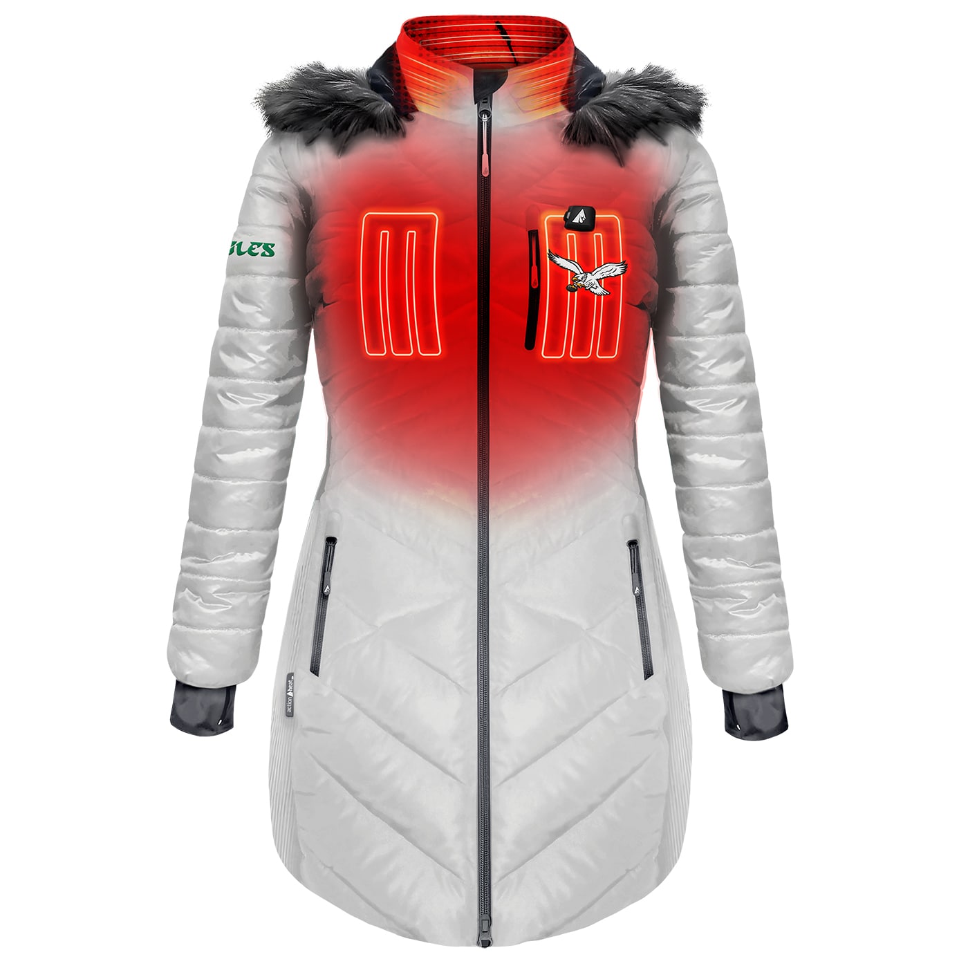 ActionHeat Philadelphia Eagles 5V Long Puffer Battery Heated Jacket Women's White Hooded Insulated Heated jacket ( Large )