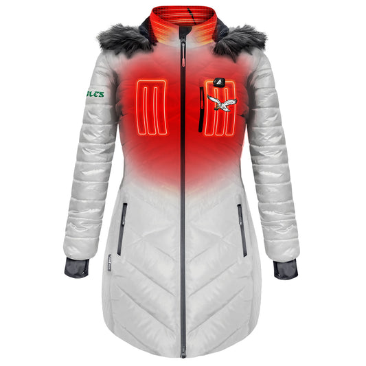 ActionHeat Philadelphia Eagles 5V Long Puffer Battery Heated Jacket Women's White Hooded Insulated Heated jacket ( Large )