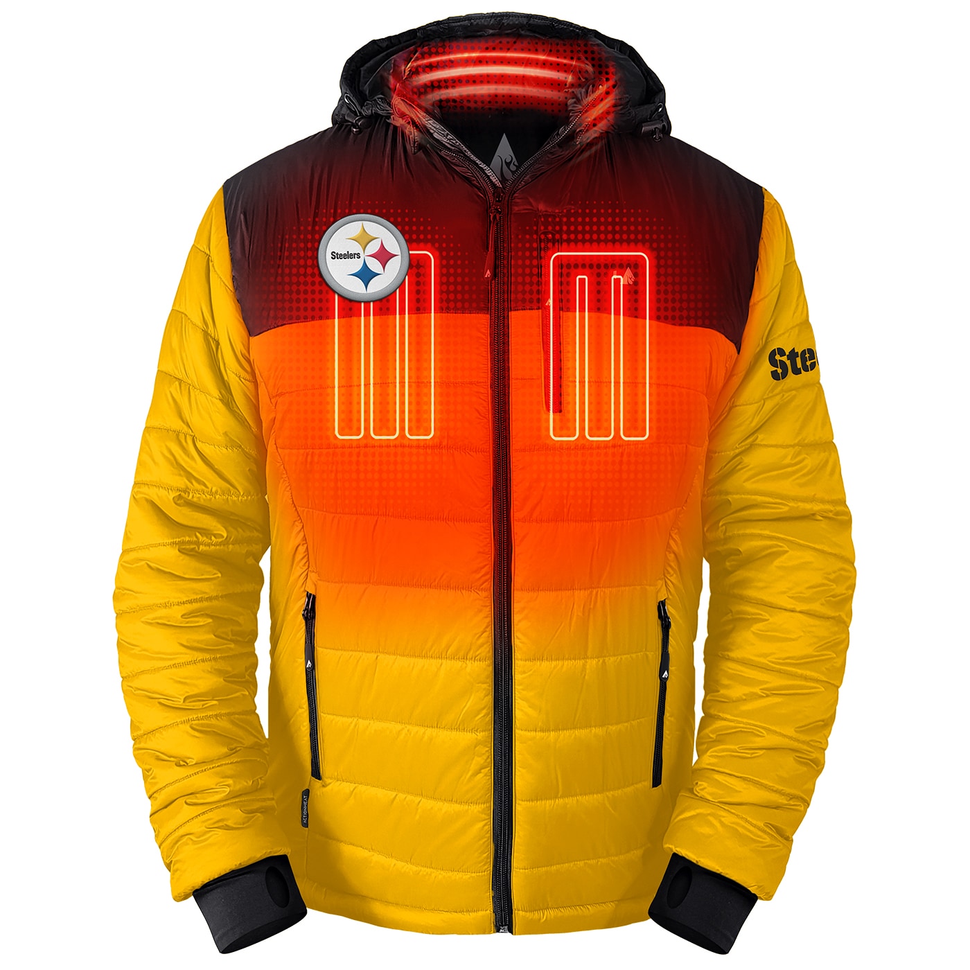 ActionHeat Pittsburgh Steelers 5V Puffer Battery Heated Jacket Men's Black/Yellow Hooded Insulated Heated jacket ( Extra Large )