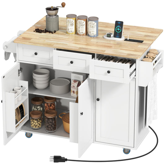 HomCom  Rolling Kitchen Island with Charging Station and Drop Leaf  53  Kitchen Island Table with Wood Top  3 Drawers  Adjustable Shelf  White