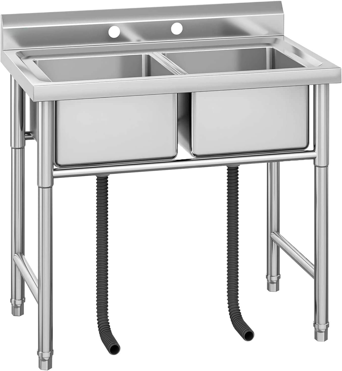 Qeetex Stainless Steel Double Bowl Utility Sink Freestanding with Faucet - Commercial Grade Laundry Sink for Garage/Kitchen/Restaurant/Workshop â€“ Durable - Easy to Clean