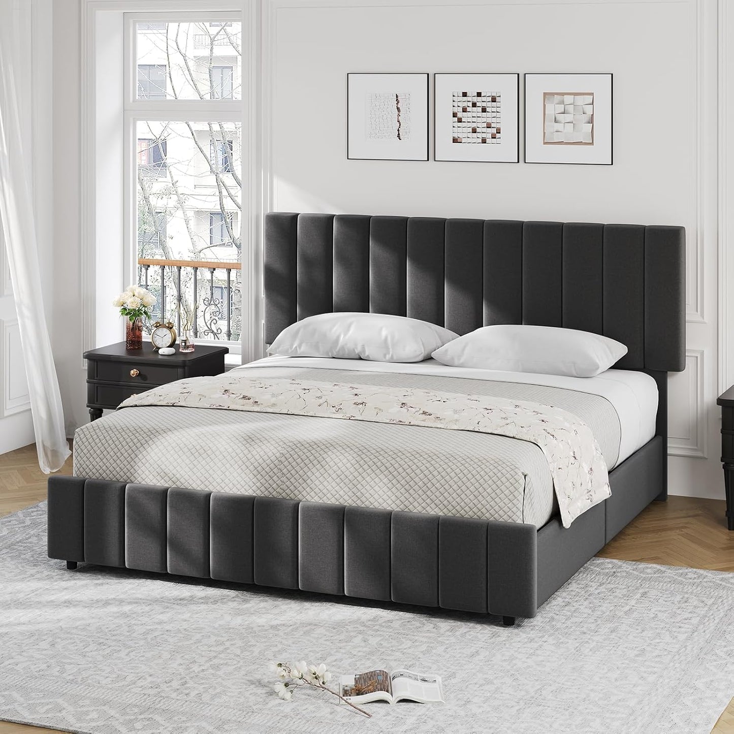 Qeetex Upholstered Bed Frame with 4 Storage Drawers Adjustable Headboard and Wooden Slats Support No Box Spring Needed