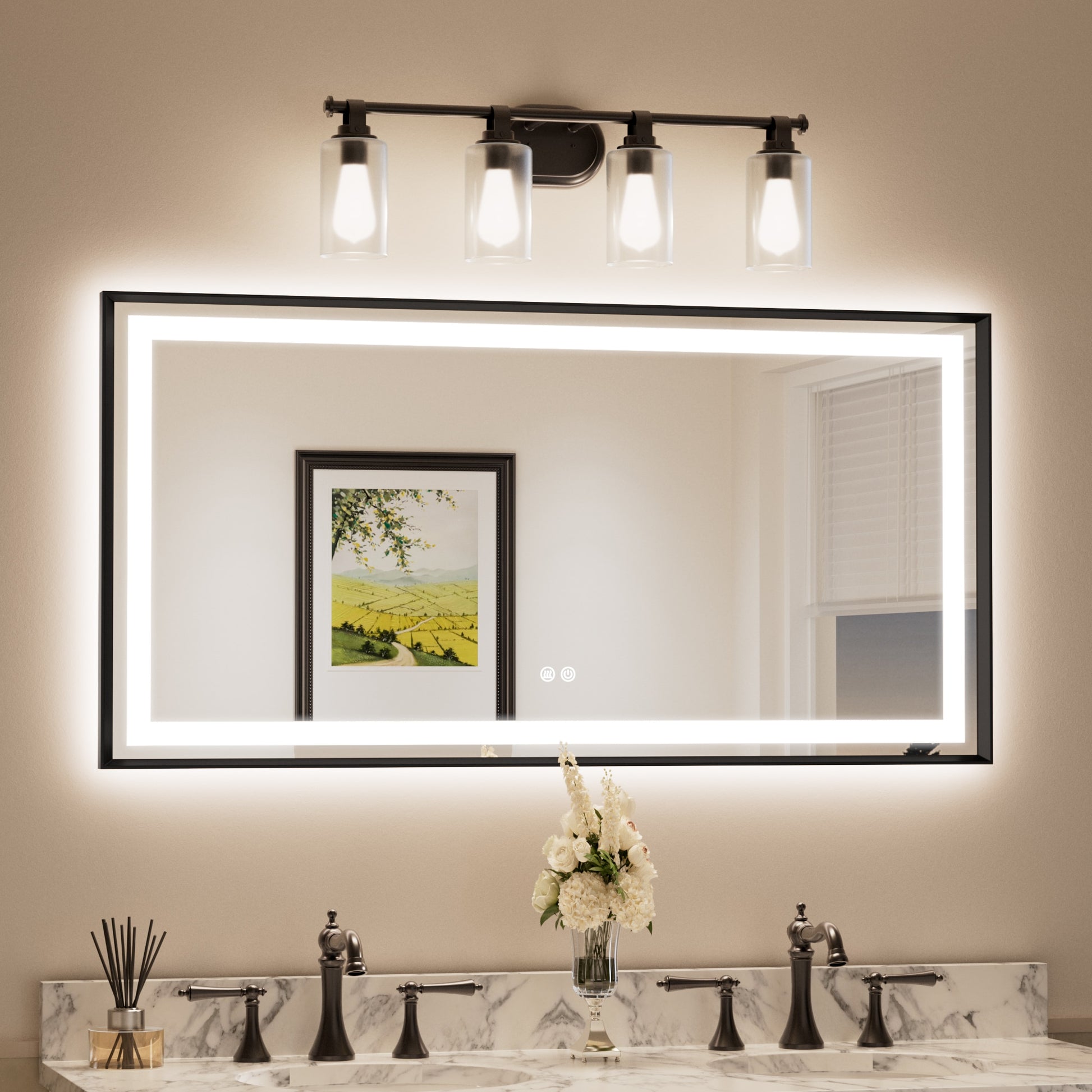 Keonjinn Bathroom LED Mirror With Framed 48-in x 24-in Beveled Rectangle Dimmable LED Lighted Fog Free Bathroom Vanity Mirror ( Brushed Black )