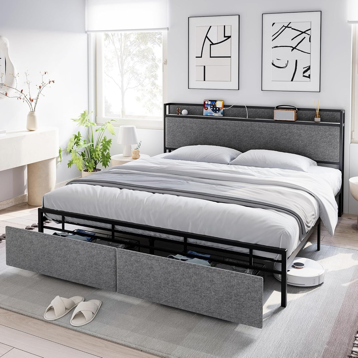 Qeetex King Size Bed Frame with Headboard and Storage Drawers Platform Bed Frame with Outlets Sturdy Noiseless No Box Spring Needed Easy Assembly