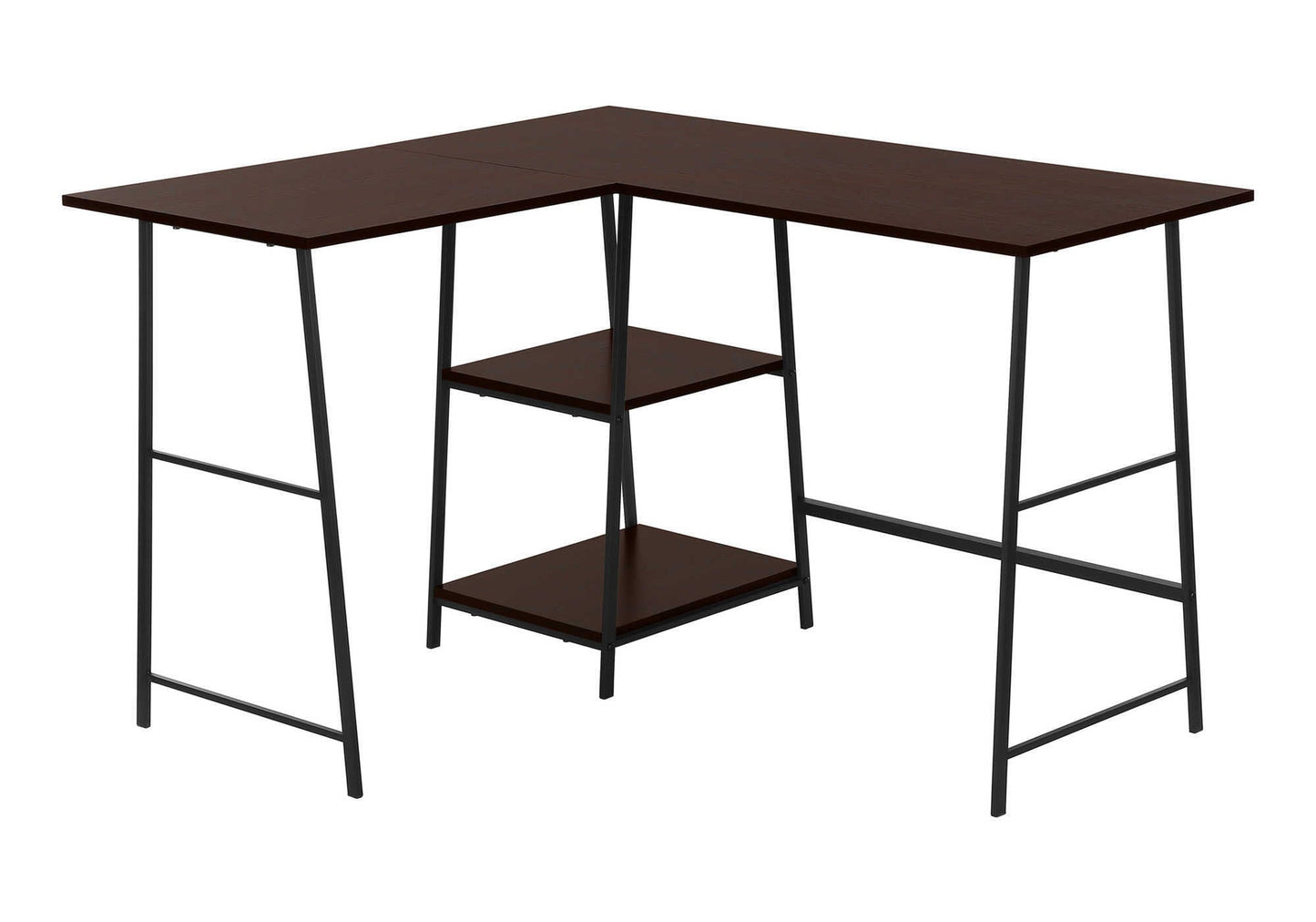 Tatayosi 48 Inch L Shaped Espresso Brown Computer Desk with Black Sawhorse Legs and Shelves