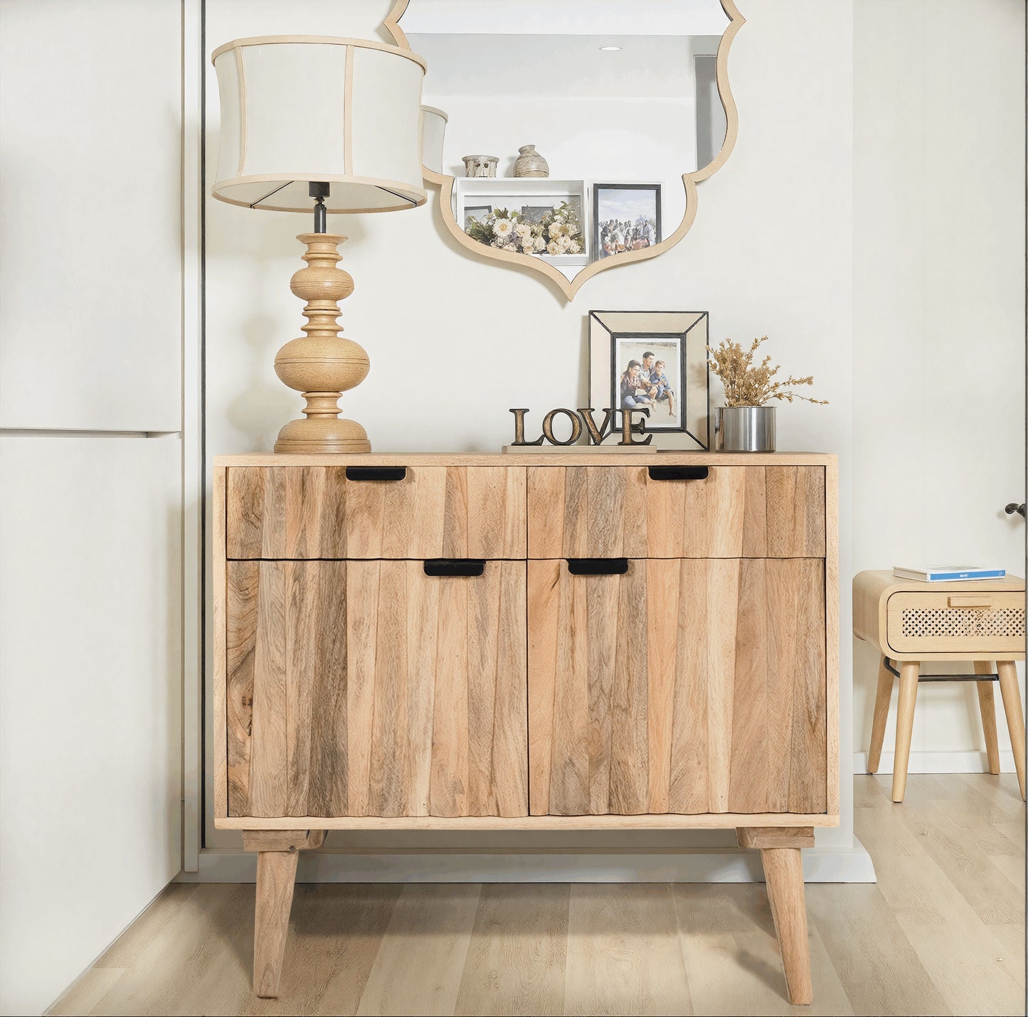 LOVMOR Natural Mango Wood Furniture with Smart Storage Drawers Dual Cabinets and Safety Restraint System