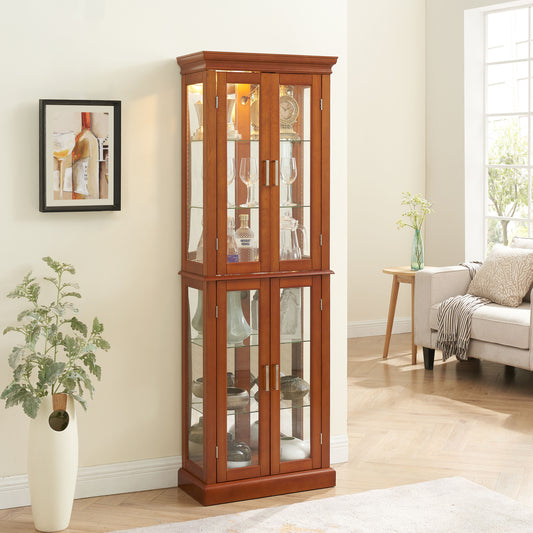 LOVMOR Transitional Display Cabinet with Adjustable Shelves Internal Lighting and Mirrored Back Panel