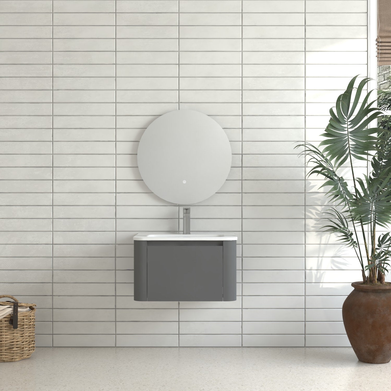 LOVMOR 24 inch Grey Wall Mounted Bathroom Vanity with Basin Floating Vanity Drawer Bathroom Cabinet with White Ceramic Integrated Basin