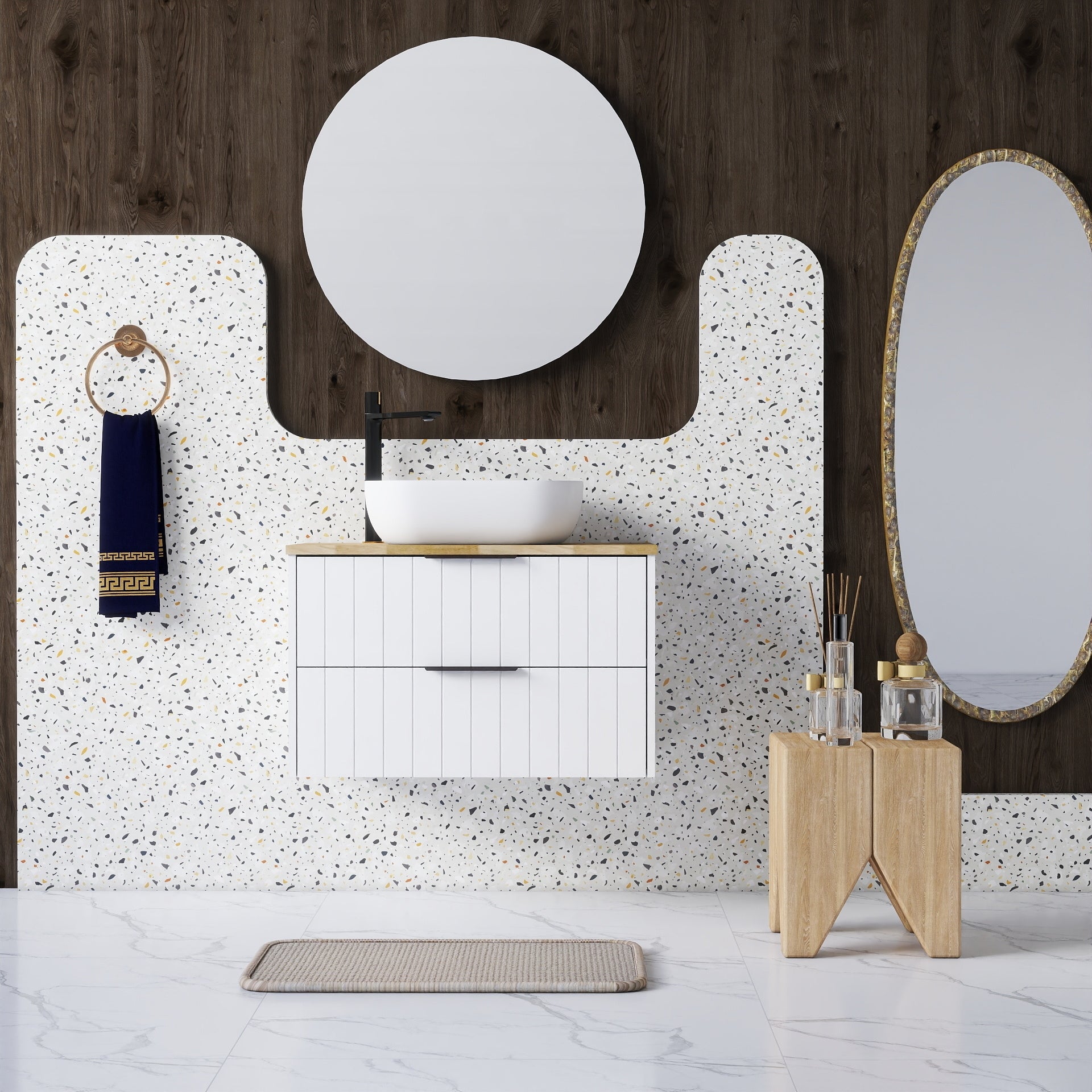 Tatayosi 32 Inch Double Drawer Wall Mounted Bathroom Vanity White Cabinet Solid Wood Natural Top Square Art Ceramic Sink White Round Mirror Modern Minimalist Design Combining Functionality and Style