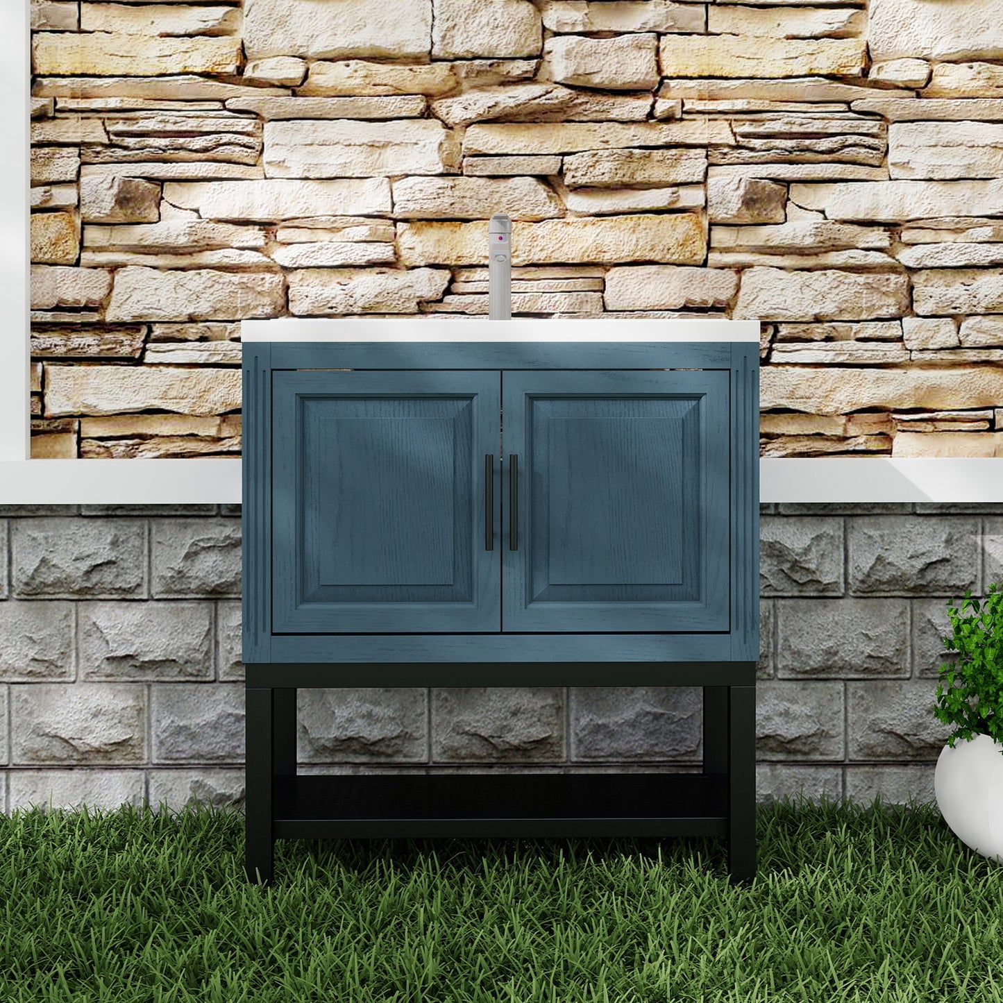 Tatayosi 32 Inch Freestanding Bathroom Vanity with White Ceramic Sink Hot and Cold Faucet 2 Storage Doors and Open Iron Shelf