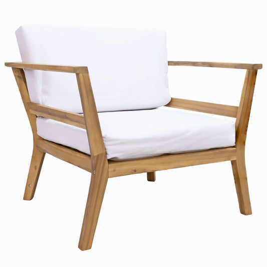 Sunnydaze Decor Sunnydaze Outdoor Accent Chair with Arms - Bodie Acacia Wood Club Chair for Patio - Reading Armchair with Cushions for Outside - Bone White Cushions