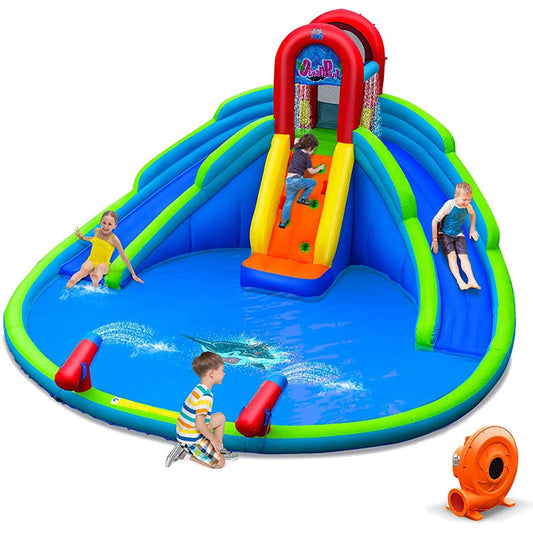 Slickblue 216-in W Multicolor Inflatable Water Slide Park with Water Cannons and Climbing Wall for Outdoor Lawn or Patio