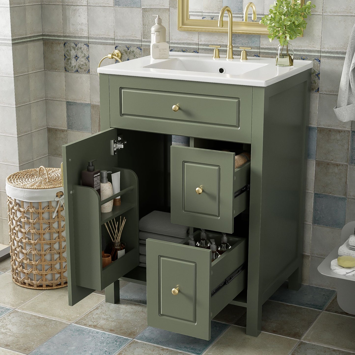 Tatayosi 24inch Bathroom Vanity with Ceramic Sink 1 Soft Close Door 2 Soft Close Drawers and Double Storage Racks