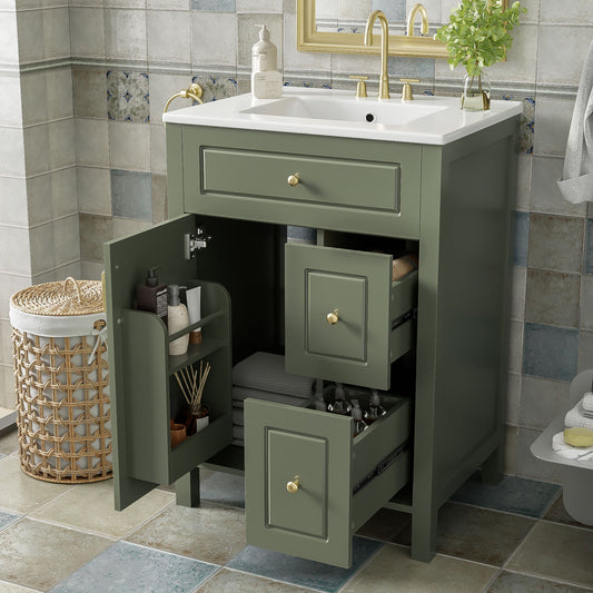 Tatayosi 24inch Bathroom Vanity with Ceramic Sink 1 Soft Close Door 2 Soft Close Drawers and Double Storage Racks