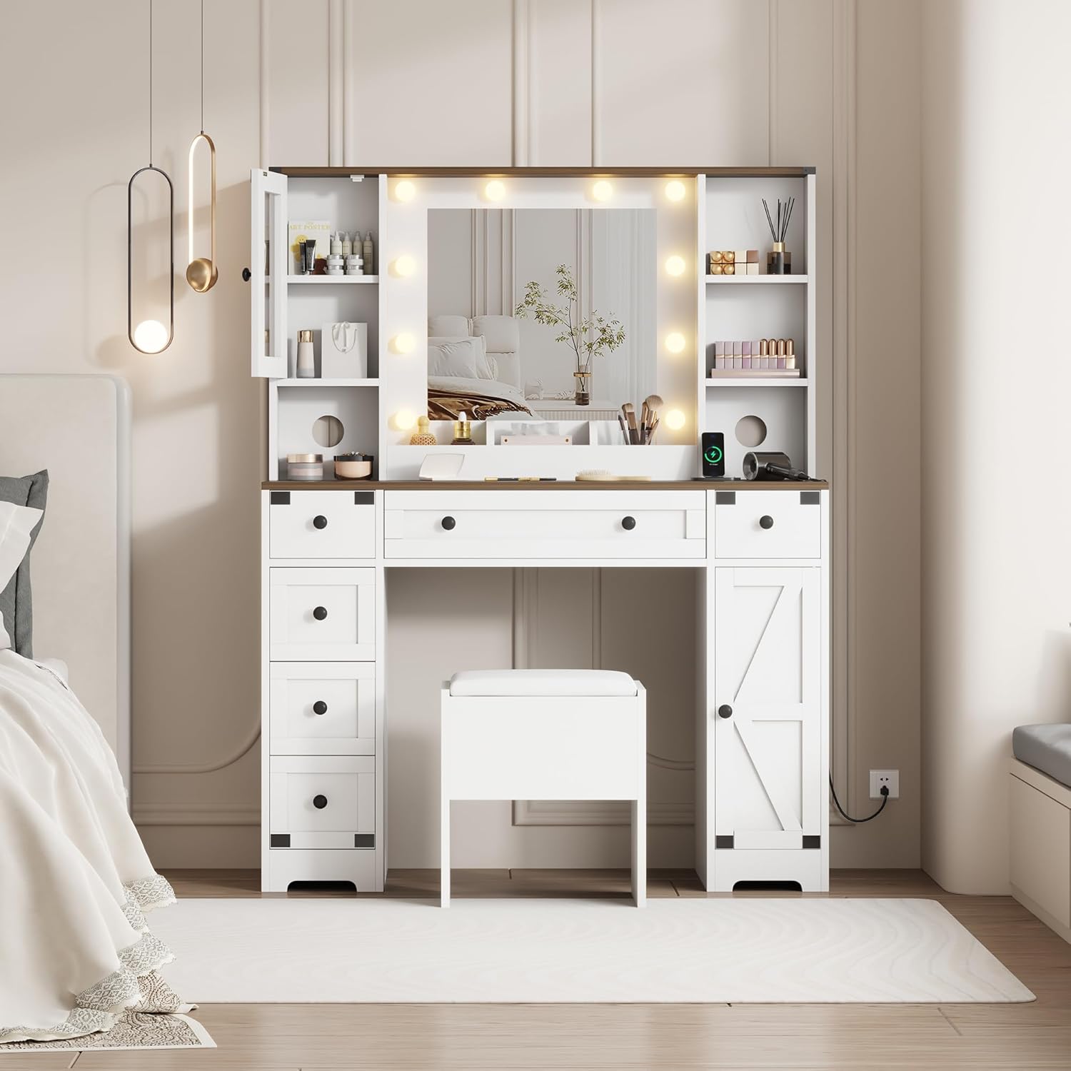 Qeetex Makeup Vanity and Stool - Vanity Desk with Lights in 3 Colors - White Vanity Table with Charging Station - 6 Drawers and Cabinets