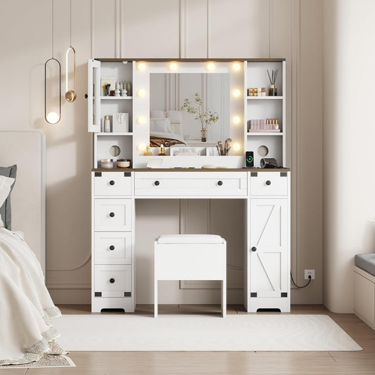 Qeetex Makeup Vanity and Stool - Vanity Desk with Lights in 3 Colors - White Vanity Table with Charging Station - 6 Drawers and Cabinets