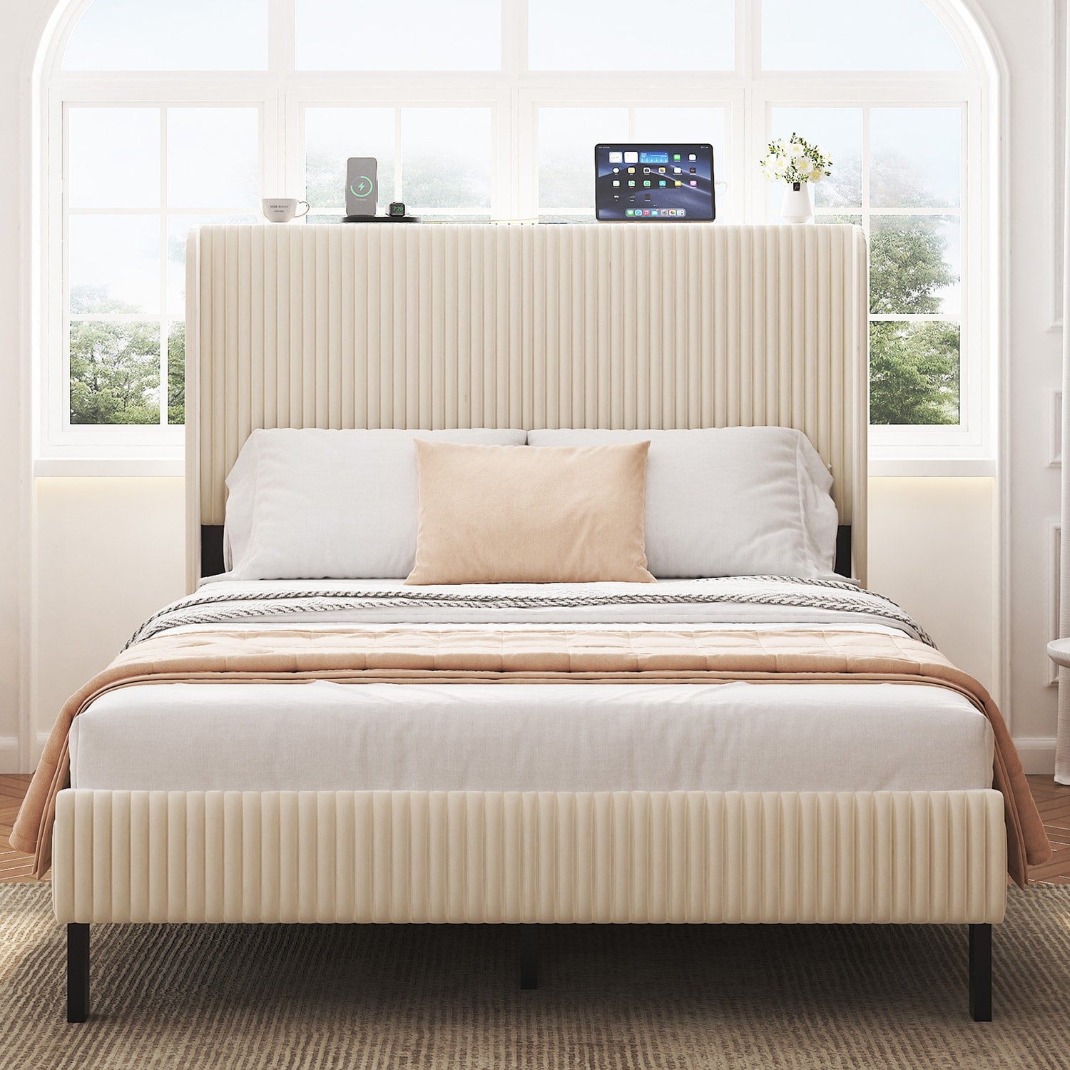 GZMR Full Beige Bed Frame with Headboard