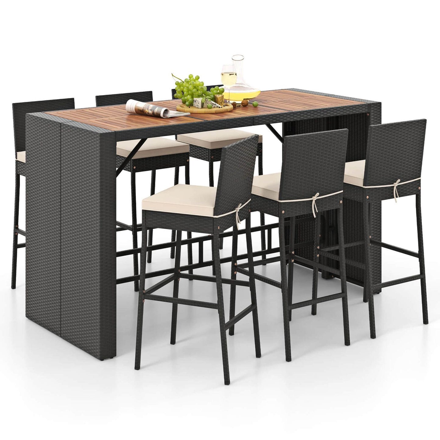 Costway  7 Pieces Patio Bar Set with Acacia Wood Tabletop and Removable Cushions Outdoor