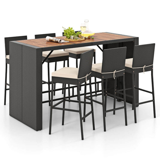 Costway  7 Pieces Patio Bar Set with Acacia Wood Tabletop and Removable Cushions Outdoor