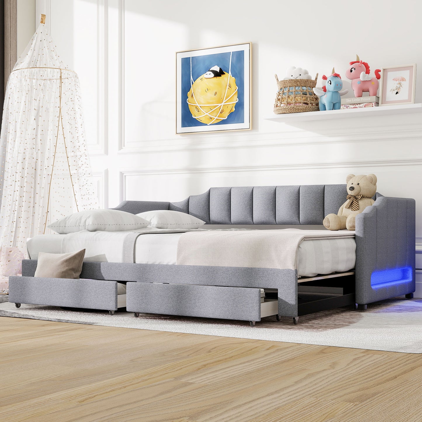 ModernLuxe Twin XL Size Extendable Upholstered Daybed with Two Storage Drawers and LED LightTwin XL to King DaybedGrayETA:8/14