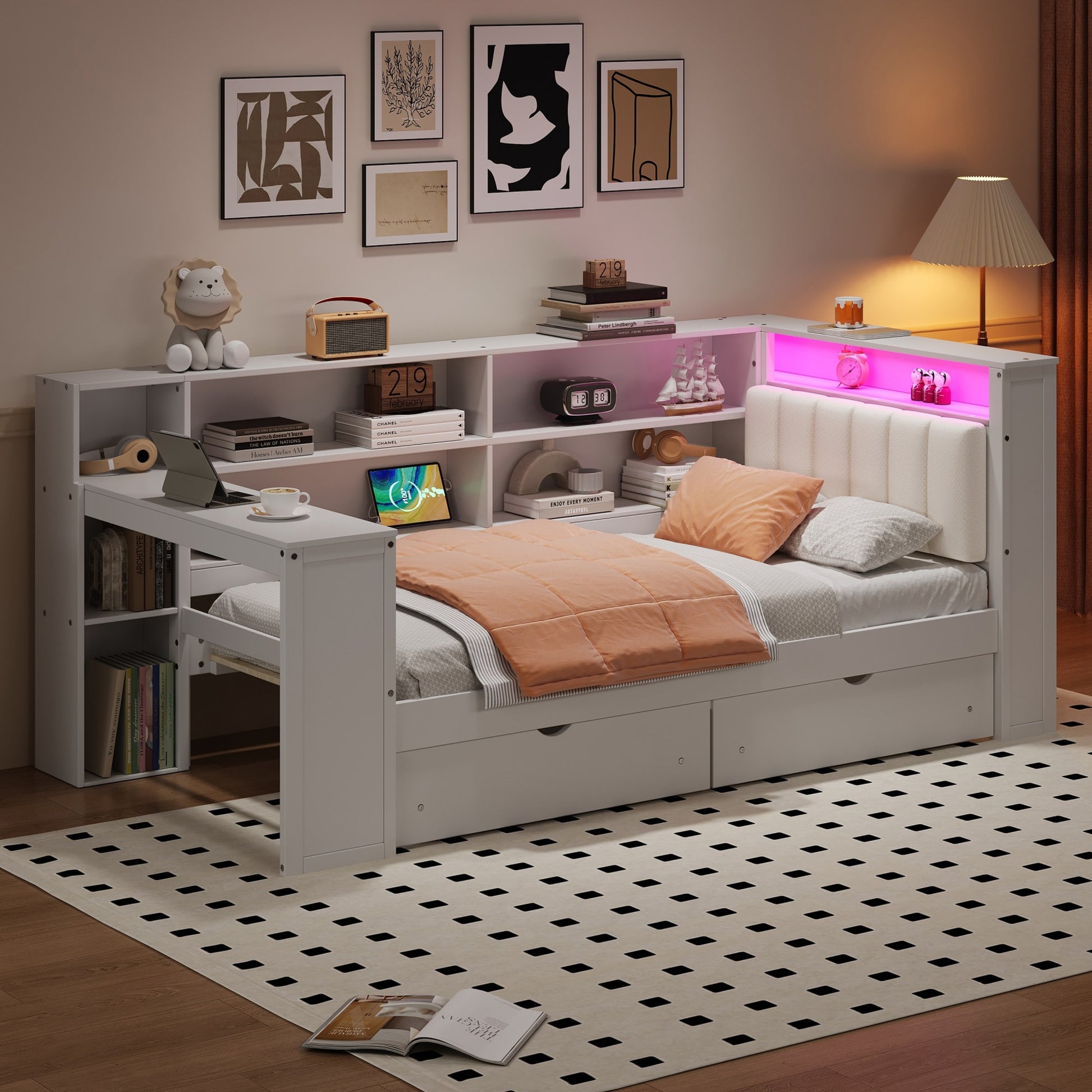 ModernLuxe Wood Twin Size Platform Bed with Storage Shelves Drawers Charging Station LED Desk and Upholstered Headboard WhiteBeige CushionExpected