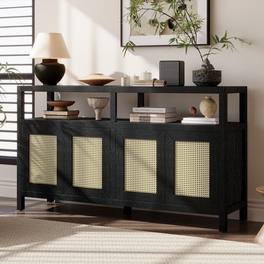 ModernLuxe Bohemian Style Rattan Buffet Storage Cabinet with Solid Wood Frame Sideboard with 3position Adjustable Shelves for Living  Dining Rooms NoHandle PushtoOpen Design Black