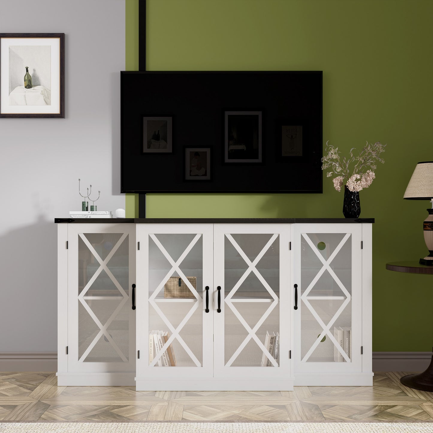 Tatayosi Farmhouse 63 Inch TV Stand with Storage Wooden Entertainment Center Media Console with Height Adjustable Shelves for Living Room