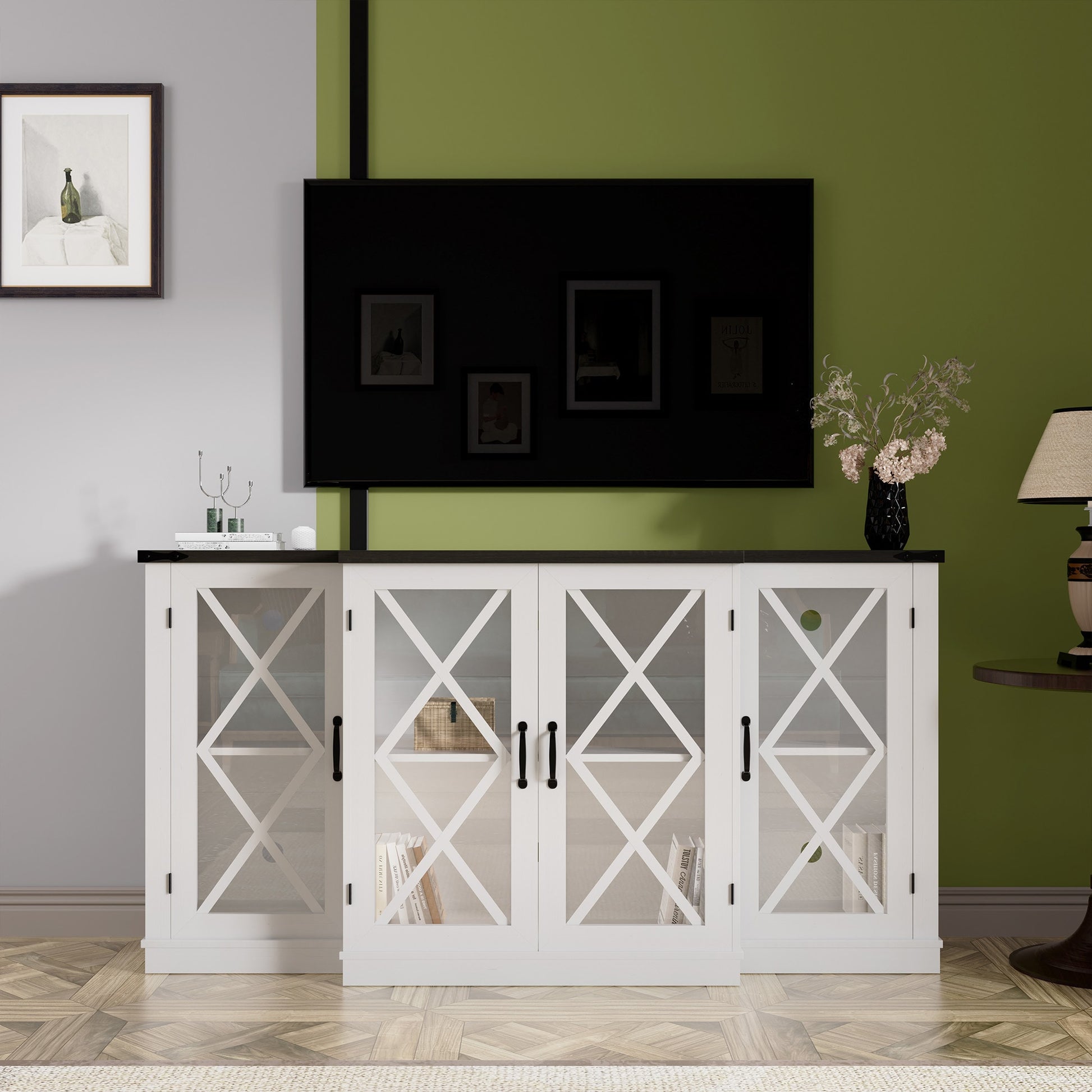 Tatayosi Farmhouse 63 Inch TV Stand with Storage Wooden Entertainment Center Media Console with Height Adjustable Shelves for Living Room