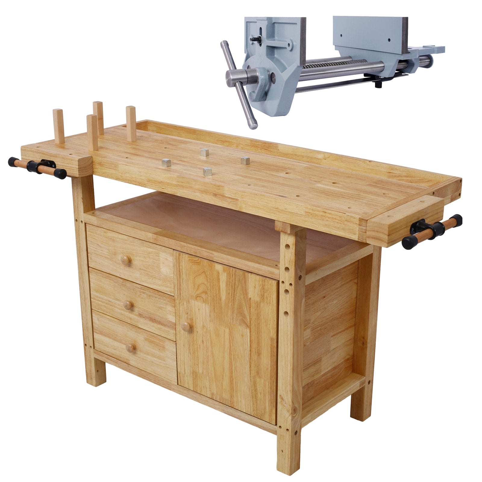 Tatayosi Wood Workbench - Wooden Workbench for Garage Workshop and Home with Rapid Action Woodworking Vise 9 Inch Jaw Width Made with Heavy-Duty Cast Iron GRAY