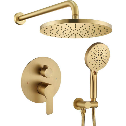 Aoibox  Wall Mounted Shower Faucet Mixer Set with High Pressure Rain and Handheld Shower Heads Brushed Gold Finish Includes Pressure Balance Valve