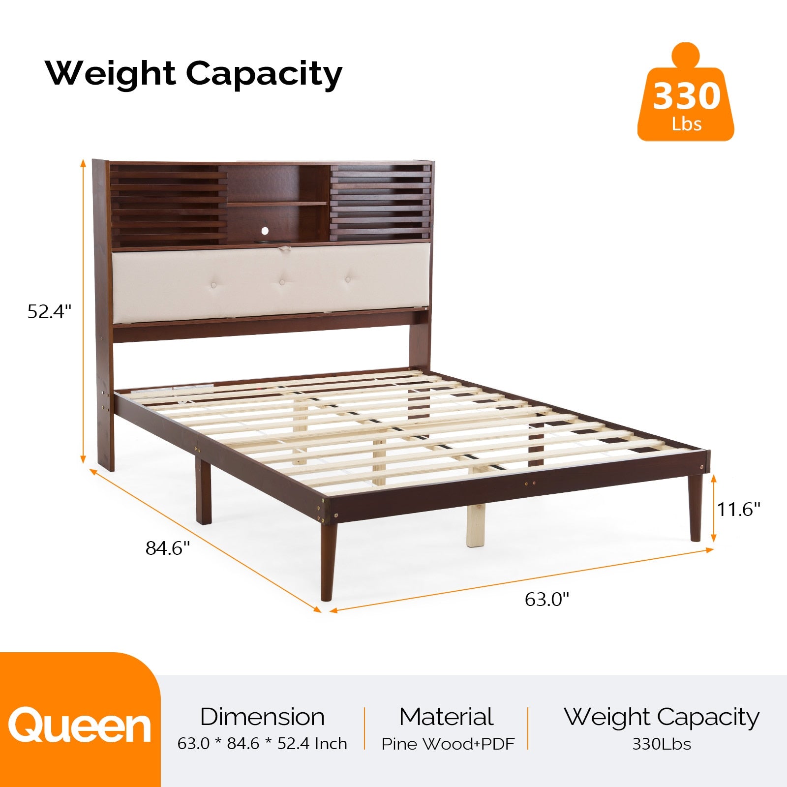 Outopee Queen Brown Wood Platform Bed Storage with Headboard