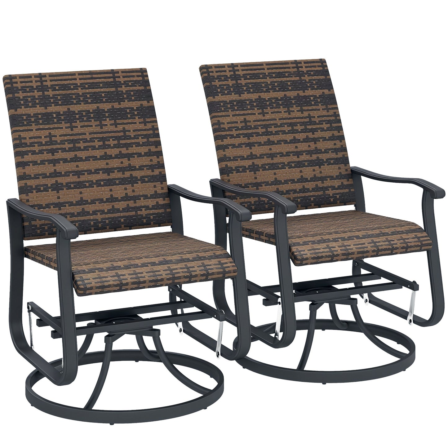 Outsunny  Patio Glider Chair Set of 2 Wicker Rattan Outdoor Swivel Chair with Steel Frame High Back Armrests Porch Glider with Adjustable Foot Pads for Garden Lawn Backyard Brown