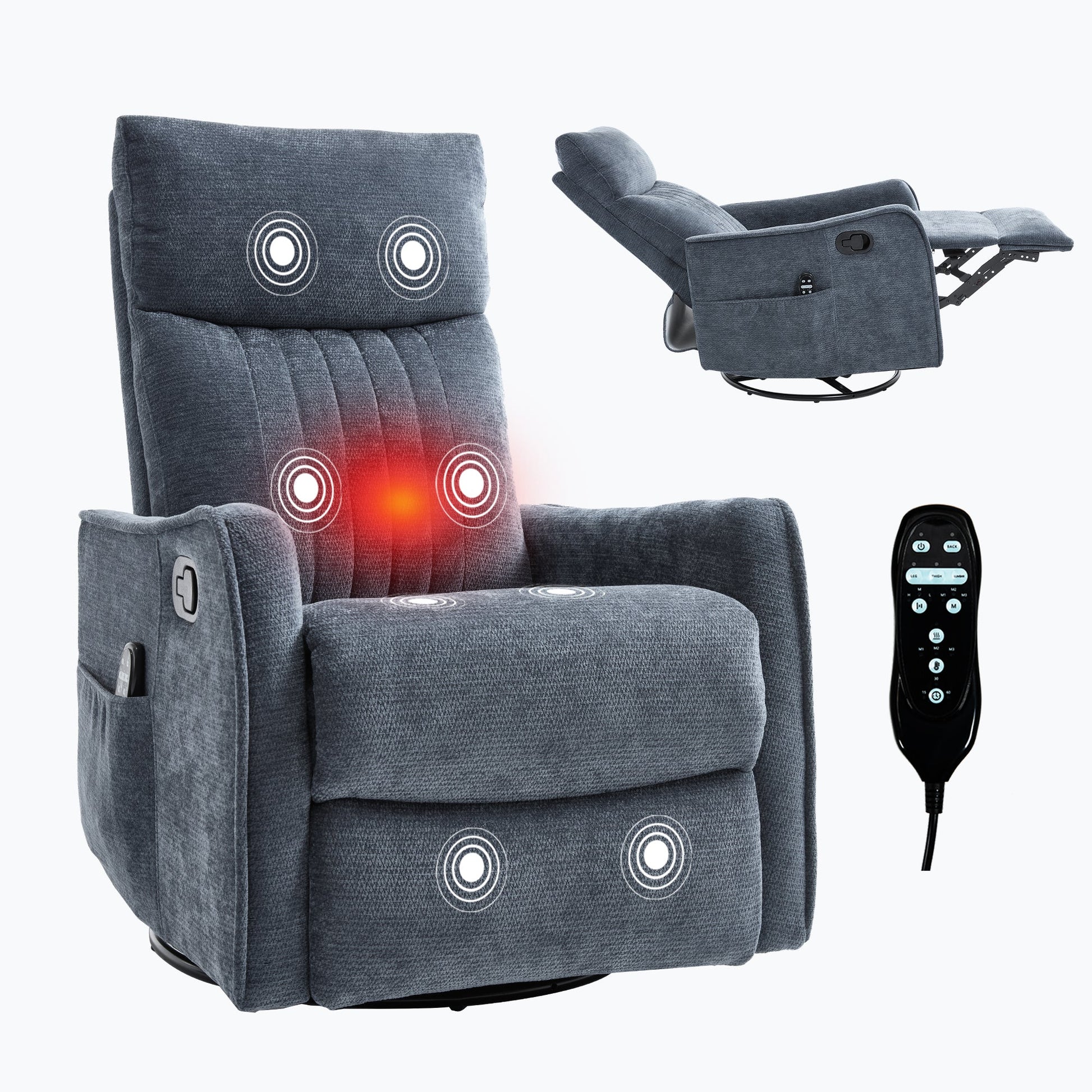Boyel Living Blue Heat Massage Manual Recliner Chair with Rocker and Swivel in Fabric for Living Room